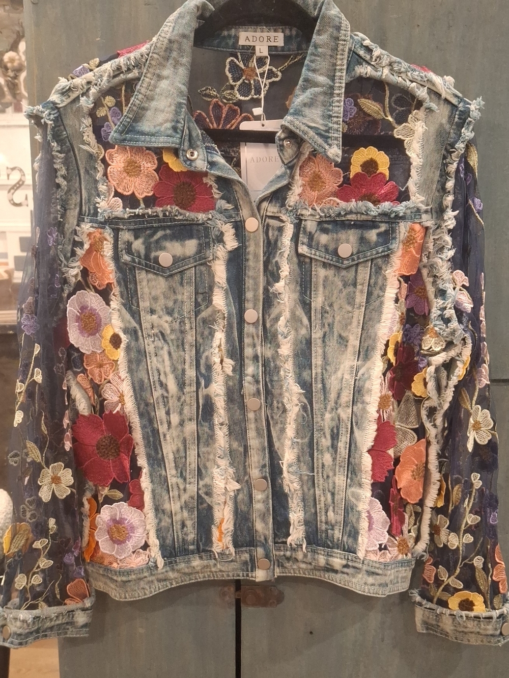 Adore Light Blue Distressed Denim Jacket with Multicolor Floral Embroidery
